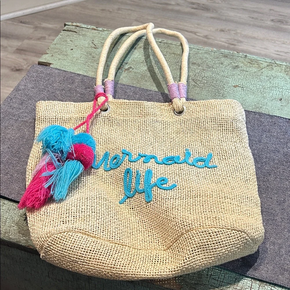 Capelli New York Mermaid Life Straw Tote Bag with Tassel Charm